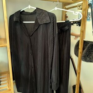 Black Pinstripe Button-Up Shirt and Pants Set